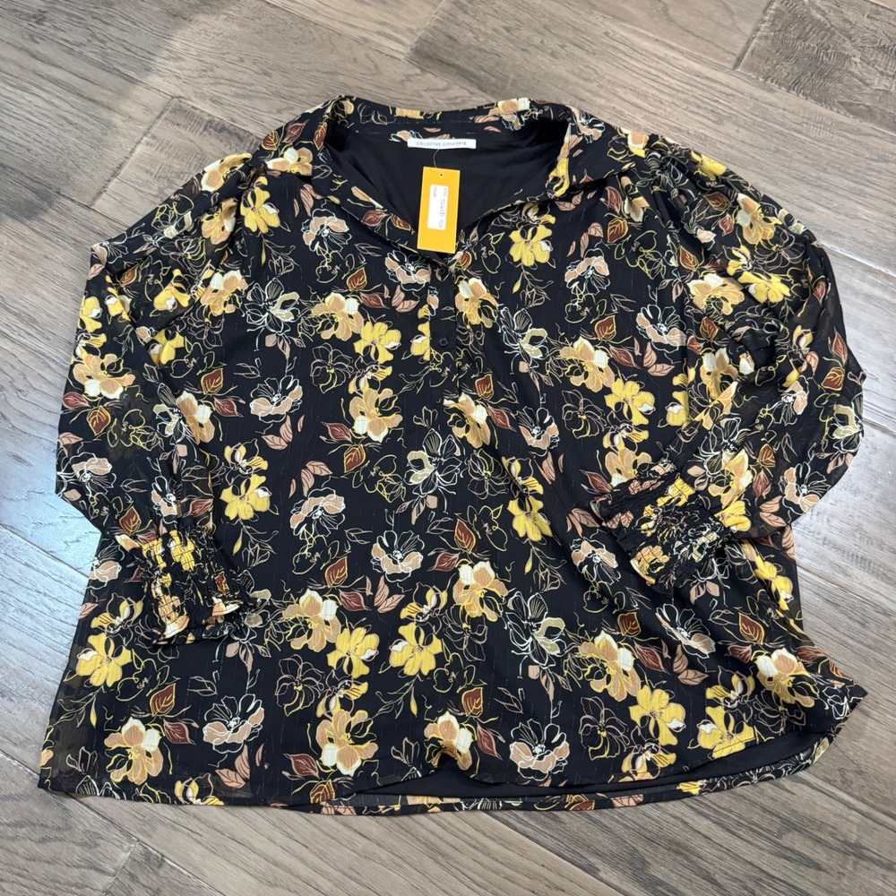 Collective Concepts Floral Blouse Women's 02X Black Yellow Long Sleeve‎